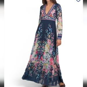 Dalia Macphee Long Sleeve Floral Border Print Maxi Dress